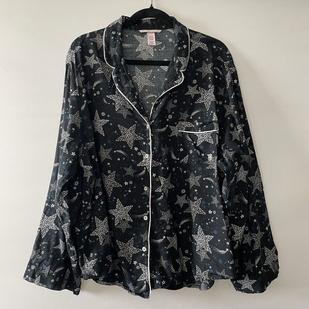 Victoria's Secret Pajama Top Long Sleeve Star Print Black Size XXL